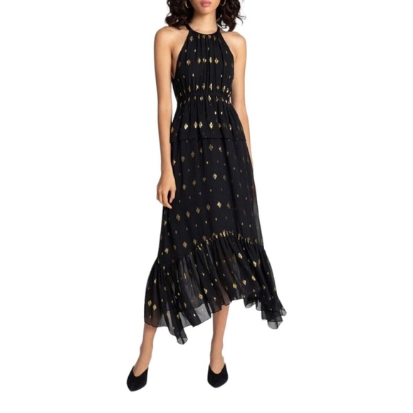 ALC Rosa Silk Black Gold‎ Metallic Halter Midi Length Dress 2 Asymmetric Ruffle - Picture 11 of 11